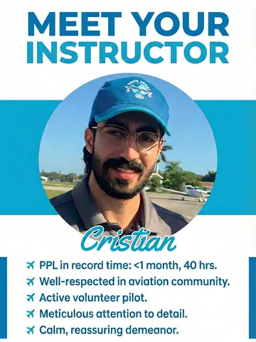 Meet your instructor — Cristian, Core Aviator CFI: PPL in record time, well-respected in the aviation community, meticulous, calm and reassuring